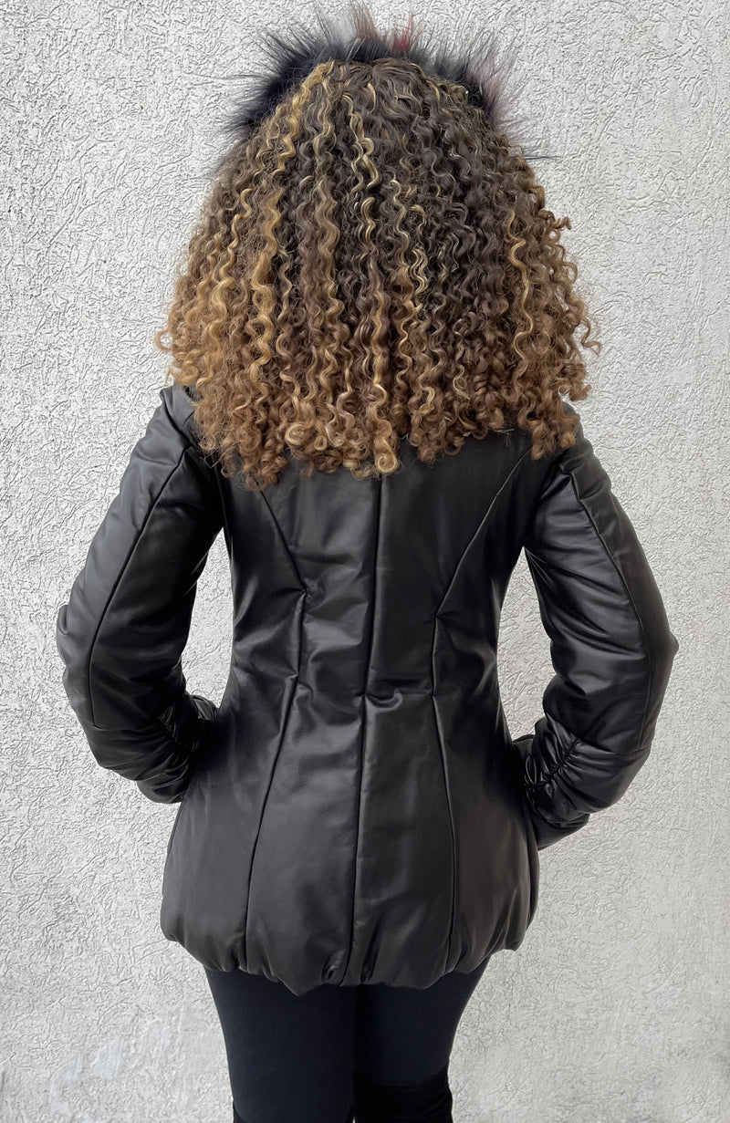 York Furrier Leather Nero Dyed Italian Nappa Leather Zipper Jacket Gathered Collar With Sash Belt