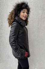 York Furrier Leather Nero Dyed Italian Nappa Leather Zipper Jacket Gathered Collar w/Sash Belt