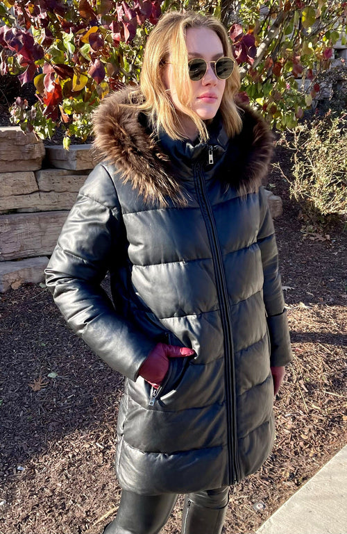 York Furrier Leather 10 / Nero Nero Lamb Leather Down Det. Hood Jacket with Finnraccoon Hood Trim