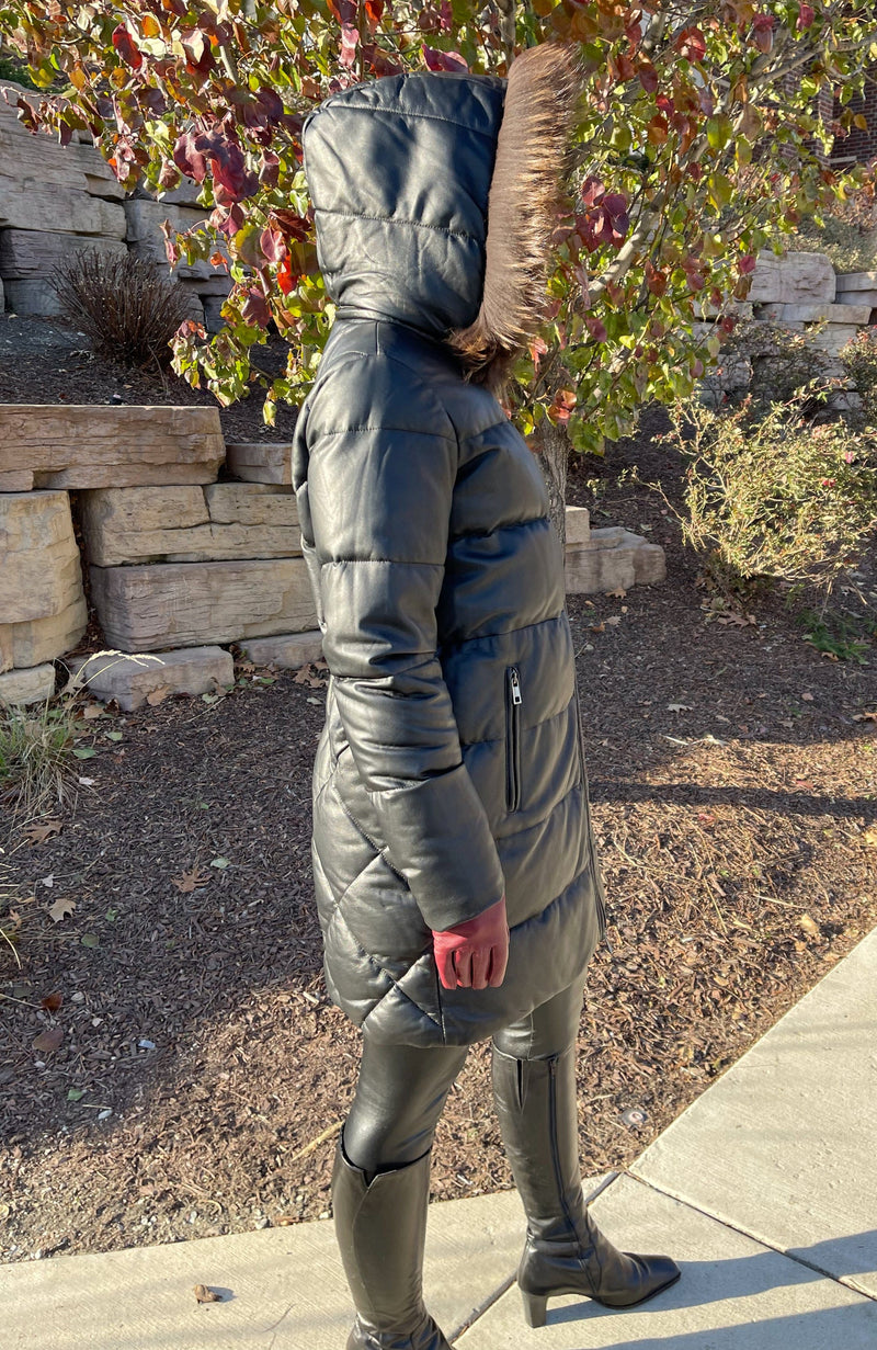York Furrier Leather Nero Lamb Leather Down Det. Hood Jacket with Finnraccoon Hood Trim