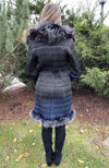 York Furrier Leather 6 / Blue Pacific Blue Lamb Leather Ruched Short Coat With Matching Silver Fox Trim