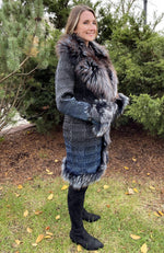 York Furrier Leather 6 / Blue Pacific Blue Lamb Leather Ruched Short Coat With Matching Silver Fox Trim