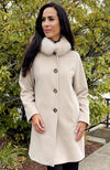 York Furrier Fabric 10 / Parchment Parchment Wool Blend Hooded Short Coat with Matching Dyed Hood Trim