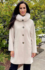York Furrier Fabric 10 / Parchment Parchment Wool Blend Hooded Short Coat with Matching Dyed Hood Trim