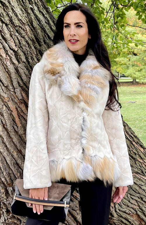 York Furrier Sheared Mink Pearl Sculptured Sheared Mink Jacket With Golden Cross Fox Trim