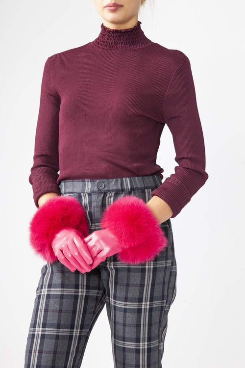 York Furrier Gloves Pink Lamb Leather Gloves w Fuchsia  Fox Trim