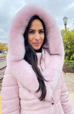 York Furrier Fabric 8 / Soft Pink Pink Silk Lamb Leather Quilted Jacket with Soft Pink Dyed Fox Hood Trim