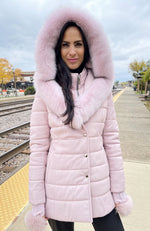 York Furrier Fabric 8 / Soft Pink Pink Silk Lamb Leather Quilted Jacket with Soft Pink Dyed Fox Hood Trim
