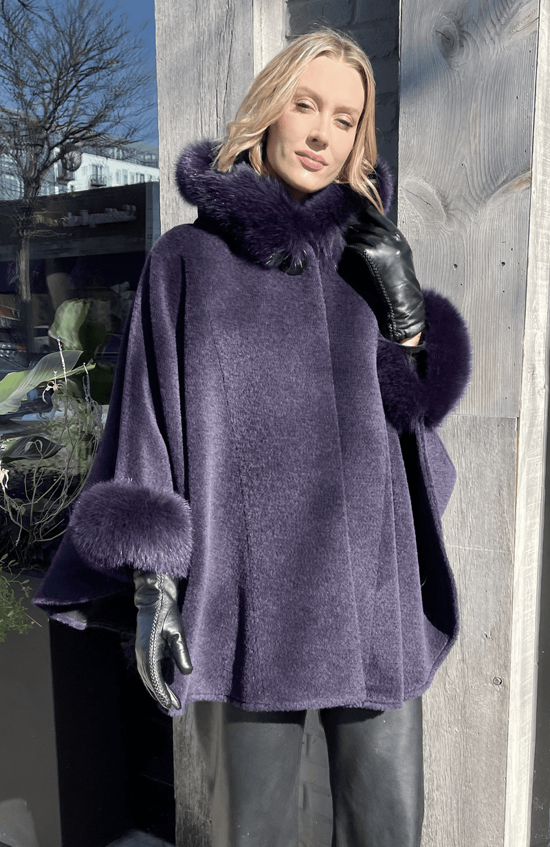 York Furrier Cape One size fits most / Beige Purple Alpaca Wool Hooded Cape with Purple Fox Trim