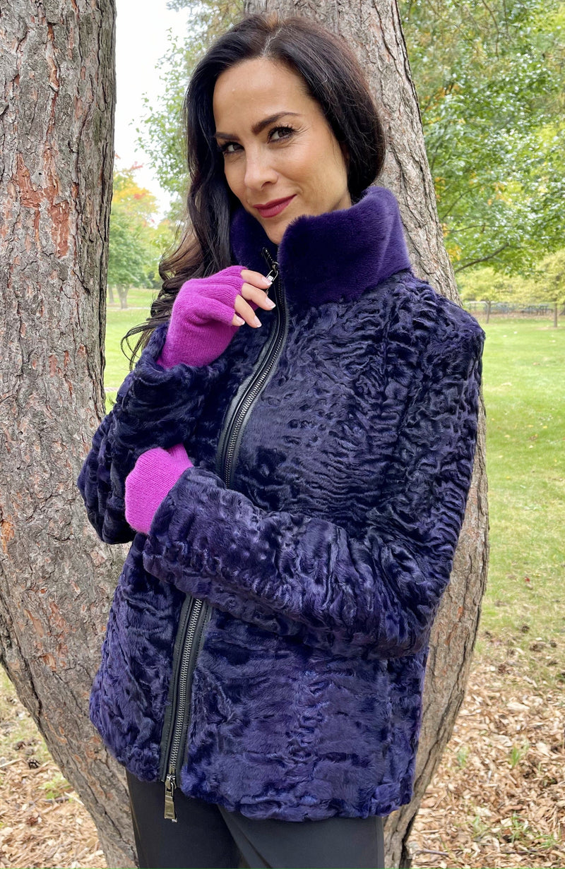 York Furrier Persian Lamb 10 / Purple Purple Dyed Persian Lamb Jacket with Purple Dyed Mink Collar