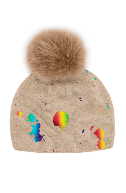 York Furrier Hat One Size Fits Most / Beige Rainbow Splash Wool Knitted Hat With Fox Pom