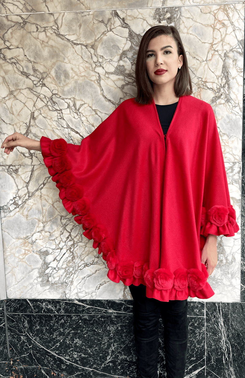 York Furrier Cape One size fits most / Red Red Cashmere Cape with Rex Rabbit Rosettes