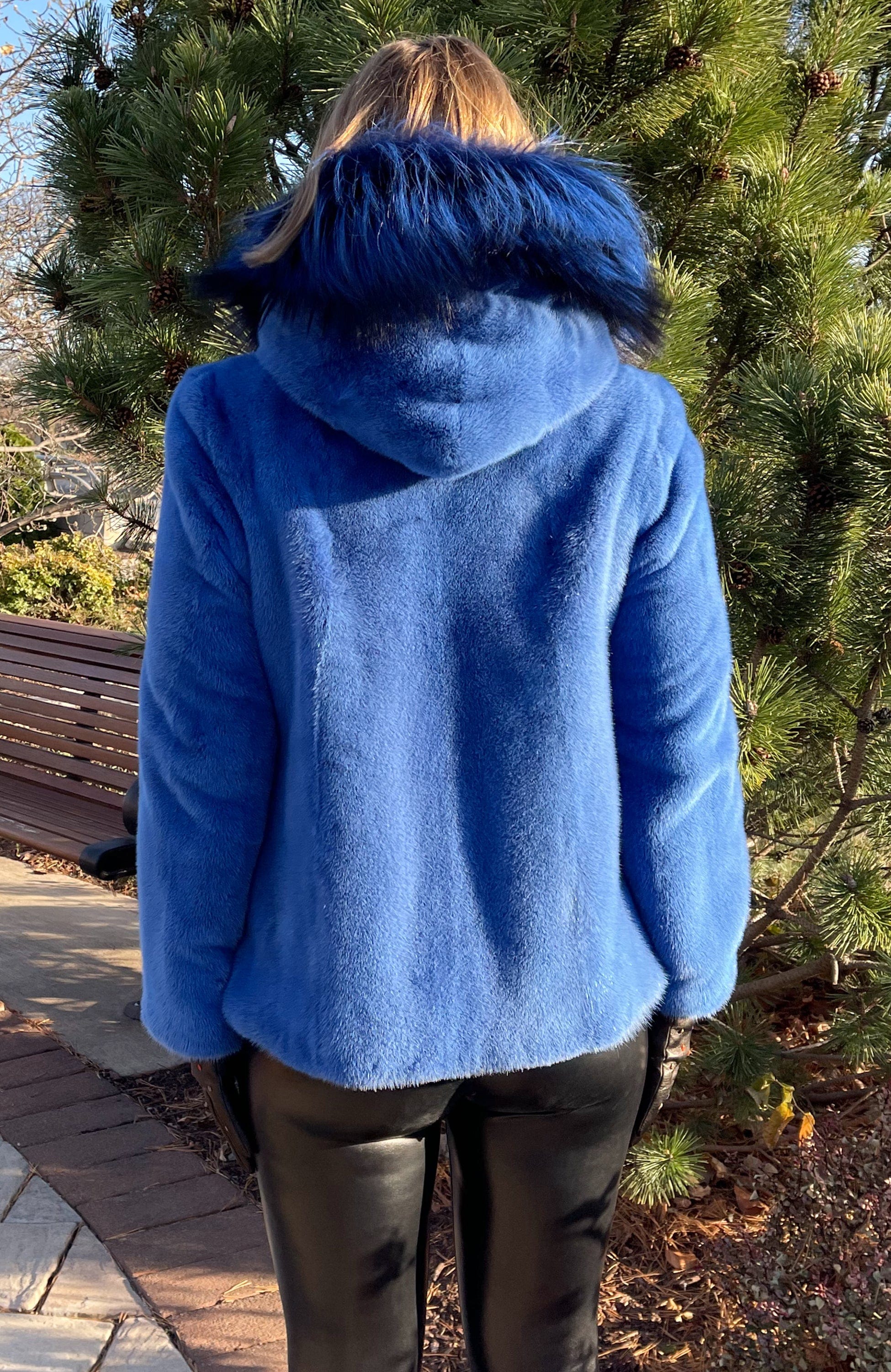Blue Iris Mink Jacket with Detachable Hood and Silver Fox Trim