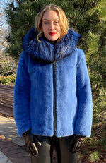 York Furrier Mink 8 / Royal Blue Royal Blue Mink Jacket with Blue Galaxy Dyed Silver Fox Hood Trim