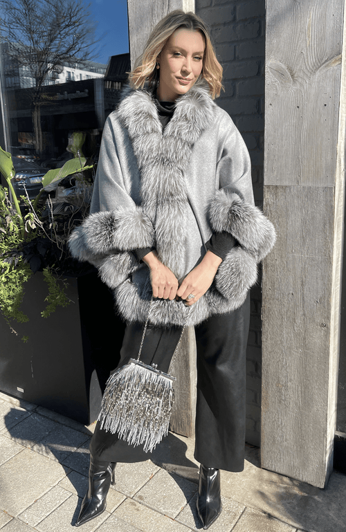 York Furrier Cape One size fits most / Silver Silver Cashmere Cape with Frost Dyed Fox Trim