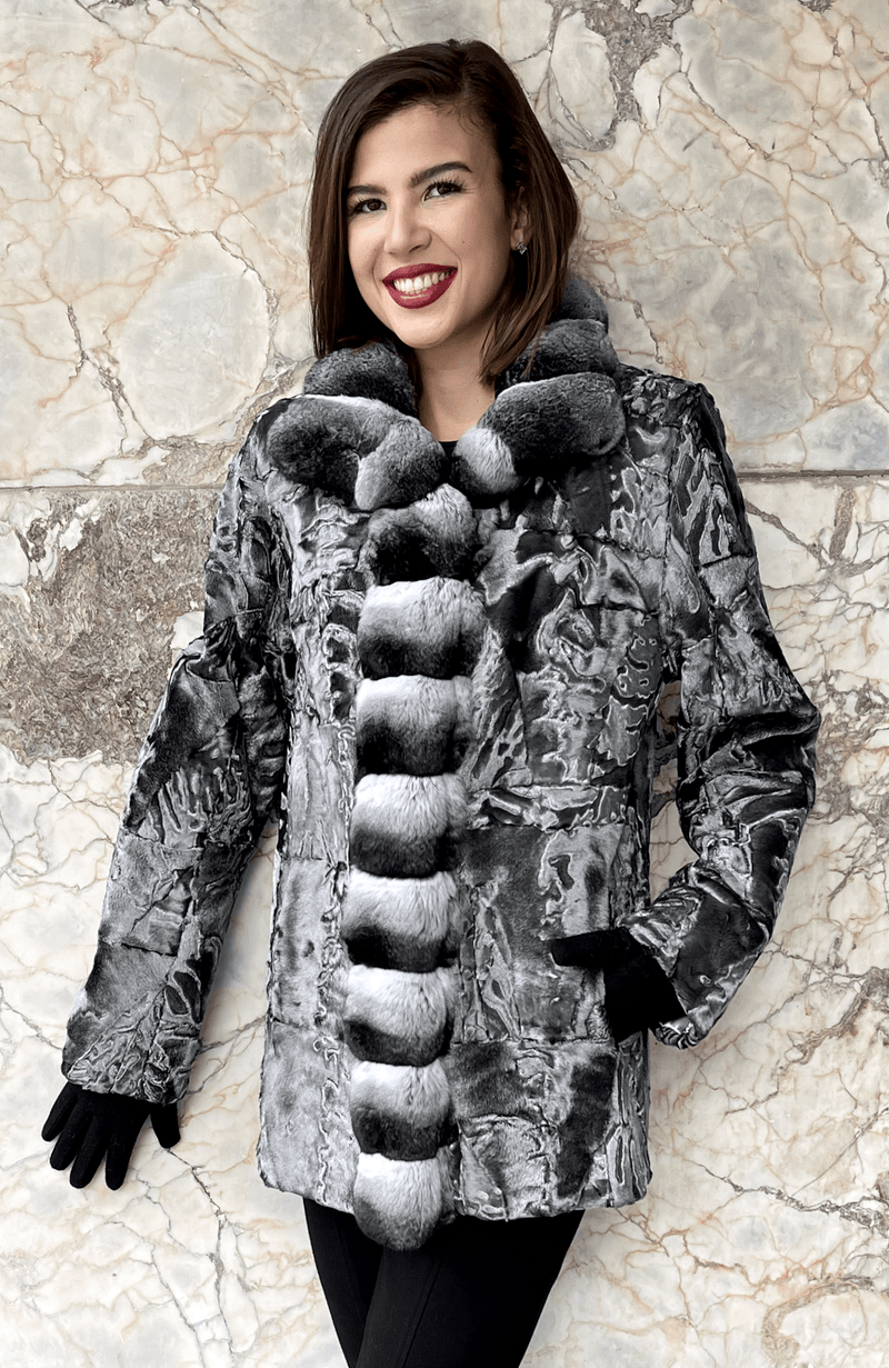 York Furrier Persian Lamb Special Order / Silver Metallic Silver Metallic Dyed Persian Lamb Sculptured Sections Jacket with Natural Chinchilla Trim