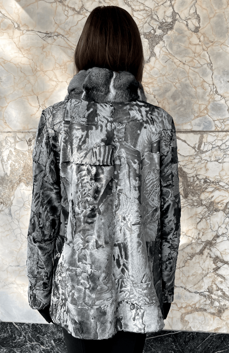 York Furrier Persian Lamb Special Order / Silver Metallic Silver Metallic Dyed Persian Lamb Sculptured Sections Jacket with Natural Chinchilla Trim
