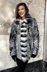 York Furrier Persian Lamb Special Order / Silver Metallic Silver Metallic Dyed Persian Lamb Sculptured Sections Jacket with Natural Chinchilla Trim