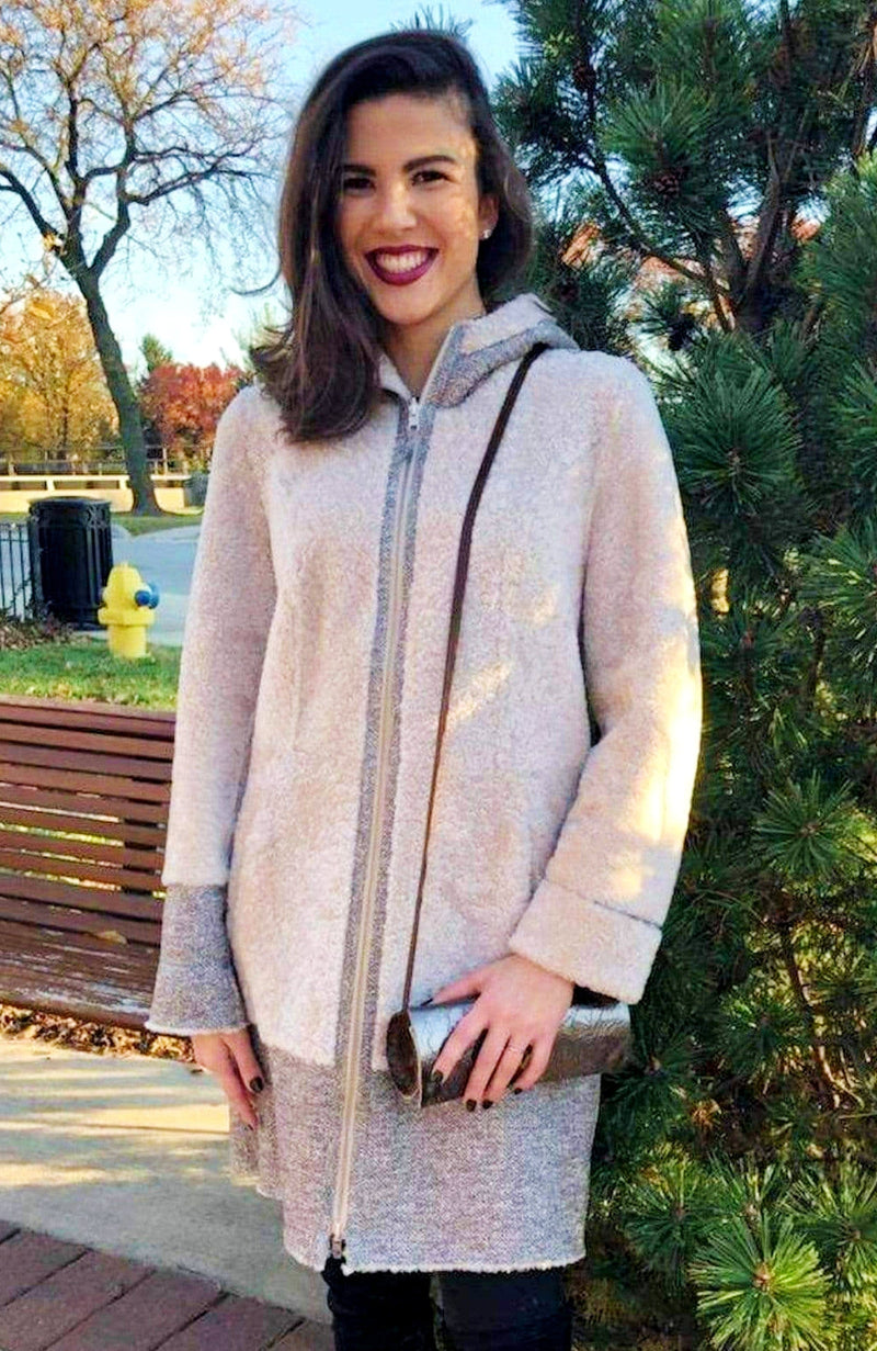 York Furrier Astrakhan Lamb 6 / Cream Linen Stone Linen Shearling Reversible Hooded Long Jacket