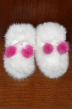 York Furrier Baby Booties White Rabbit Baby Booties With Pink Mink Pom-Poms