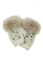 York Furrier Gloves One size fits most / Ivory Wool Beaded Fingerless Gloves with Fox Trim