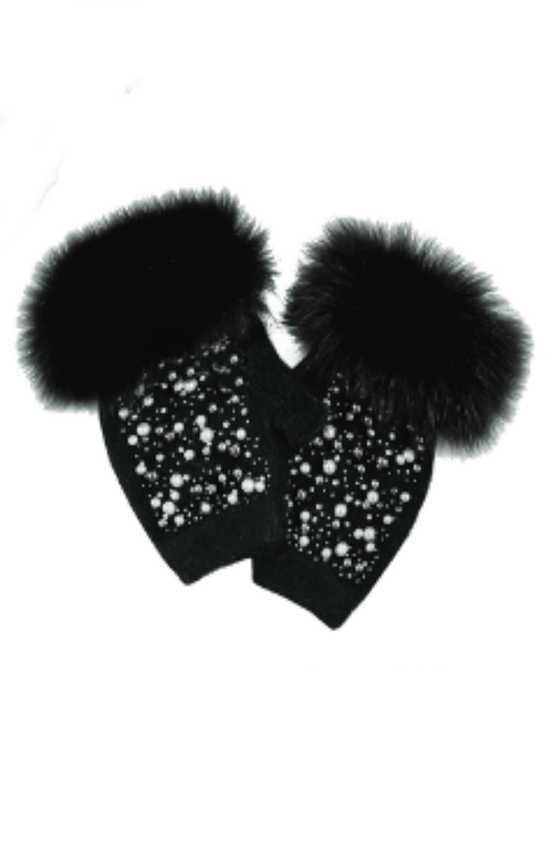 York Furrier Gloves One size fits most / Black Wool Beaded Fingerless Gloves with Fox Trim