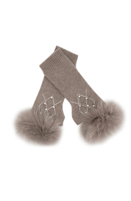 York Furrier Gloves One size fits most / Beige Wool Crystal Embellished Fingerless Gloves With Fox Trim