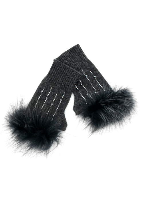 York Furrier Gloves One size fits most / Charcoal Wool Knit Fingerless Gloves With Fox Trim & Crystal Accents