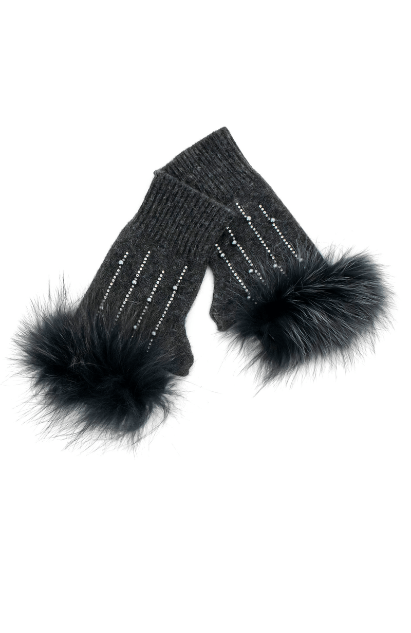 York Furrier Gloves One size fits most / Charcoal Wool Knit Fingerless Gloves With Fox Trim & Crystal Accents